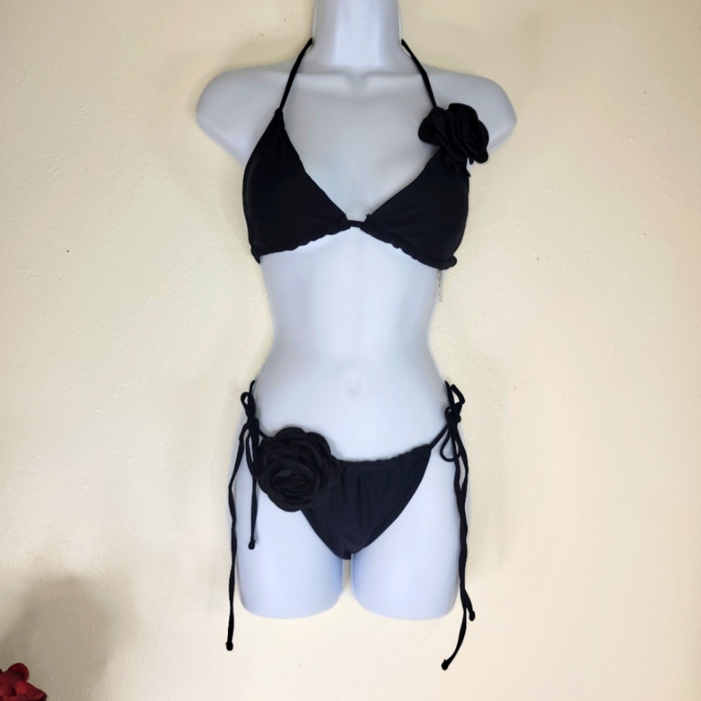 🤑 4for$20 Closet Blowout!  Elegant Black Bikini with Floral Accents